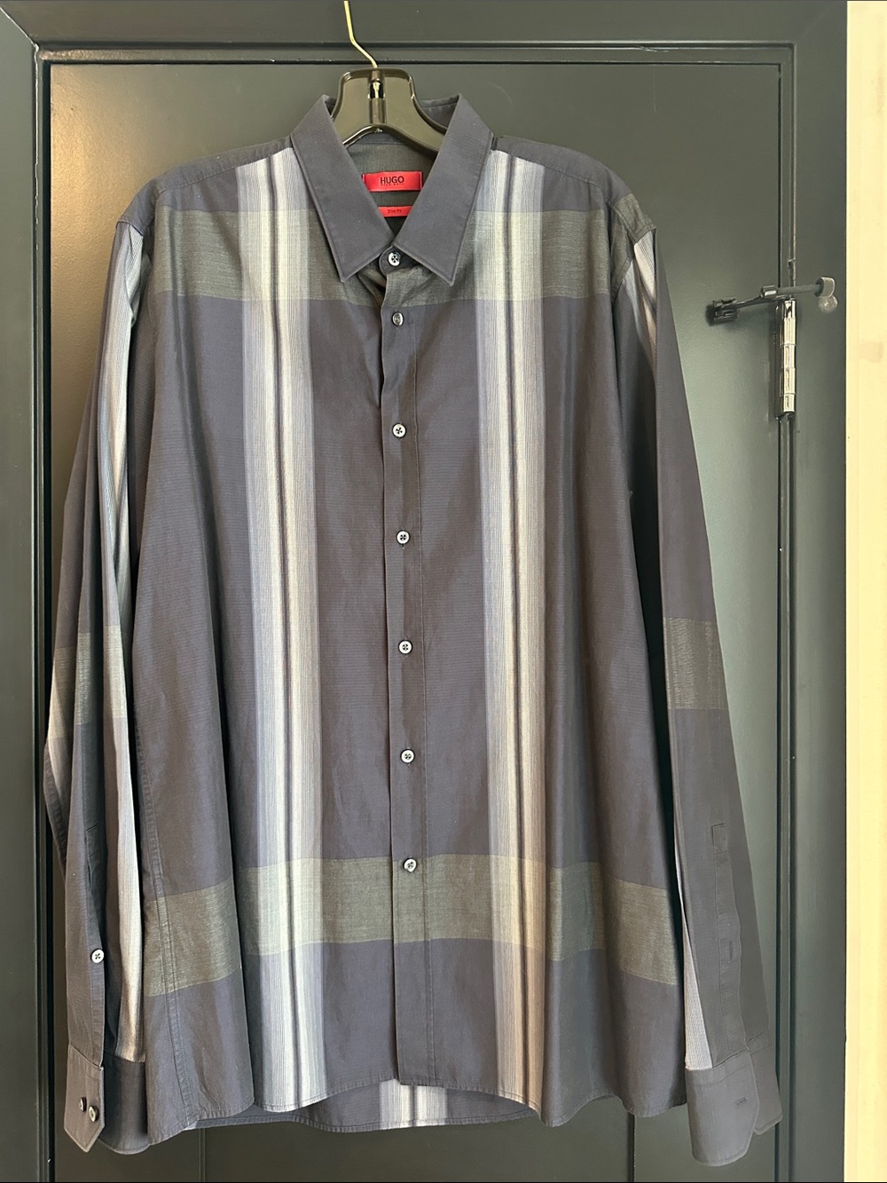 Hugo Boss Men's Navy and Gray Vertical Stripe Dress Shirt